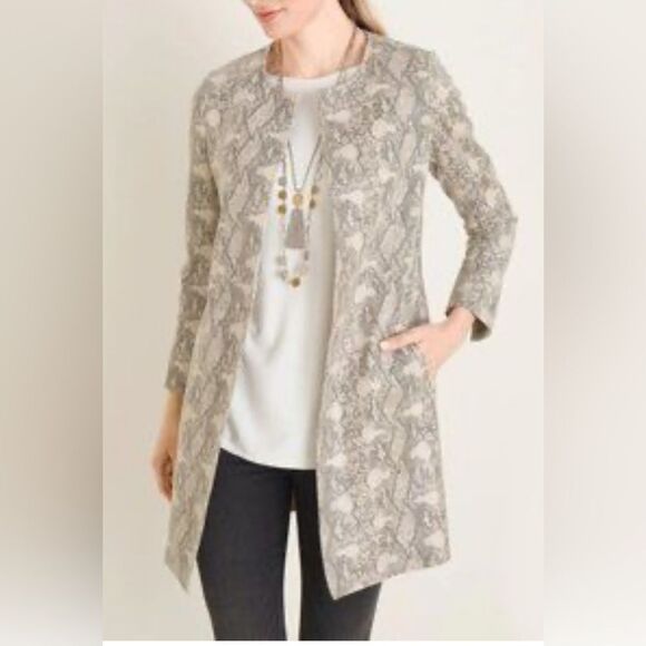 Chico’s Women’s XL Faux Suede Snakeskin l Open Front Jacket Beige Fall - Picture 1 of 11